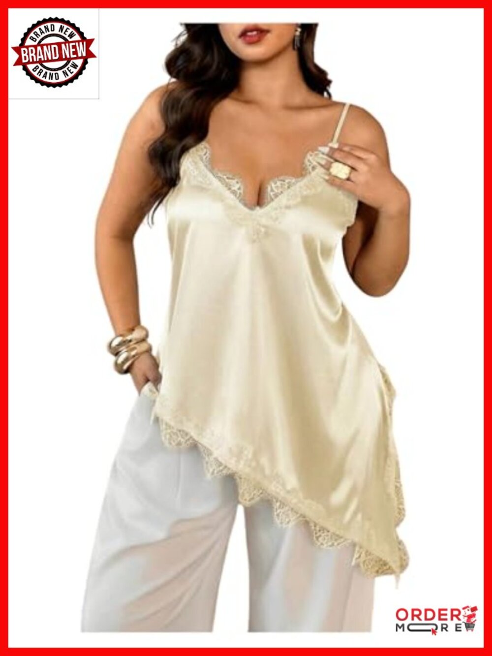 Plus Size Satin Lace Cami Top - Asymmetrical Camisole